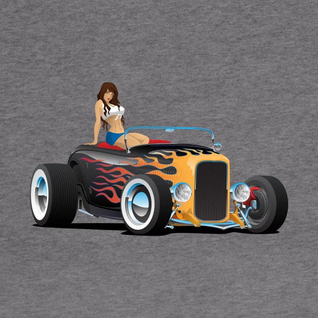 Custom Hot Rod Roadster Car with Flames and Sexy Woman by hobrath